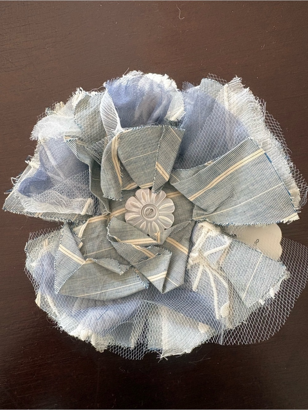 Light Blue Fabric Flower Brooch with Silver Button Center